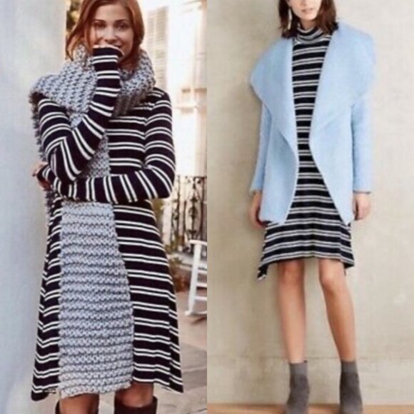 Anthropologie Maeve Navy Blue Striped Turtleneck Dress Stretch Size XS Boho Midi - Picture 2 of 9